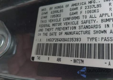 2009 Honda Accord 2.4 Lx-P from USA, damaged, VIN 1HGCP264X9A035393